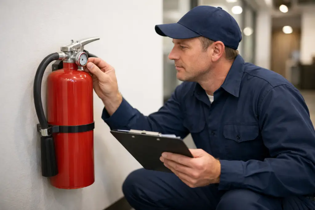 Commercial maintenance technician inspecting a red fire extinguisher in a modern office corridor — buyer's guide illustration