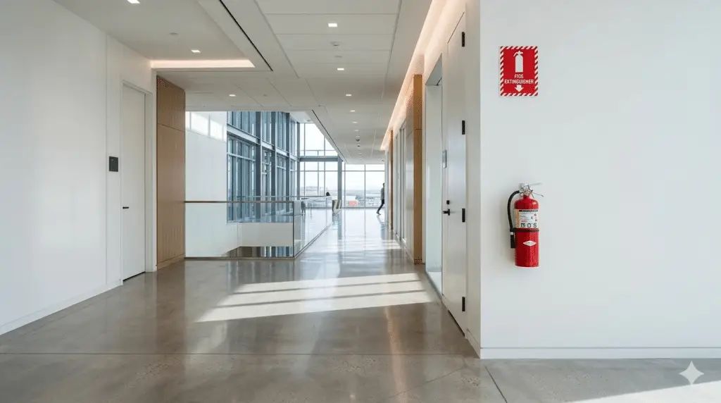 Red ABC fire extinguisher mounted on the wall in a modern commercial building corridor at code-compliant height