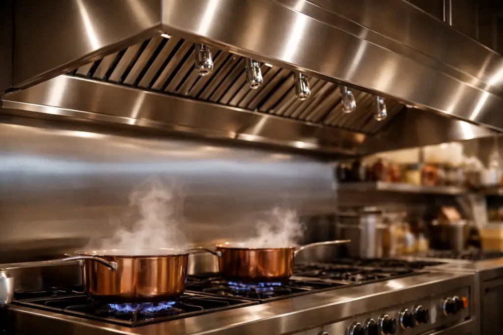 Stainless steel commercial kitchen exhaust hood with suppression nozzles visible above a restaurant cooking line