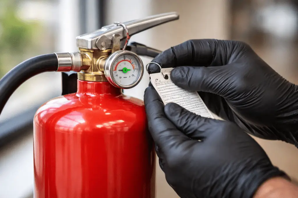 Technician's gloved hands inspecting the pressure gauge on a red commercial fire extinguisher during an annual NFPA 10 inspection
