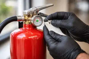 Technician's gloved hands inspecting the pressure gauge on a red commercial fire extinguisher during an annual NFPA 10 inspection