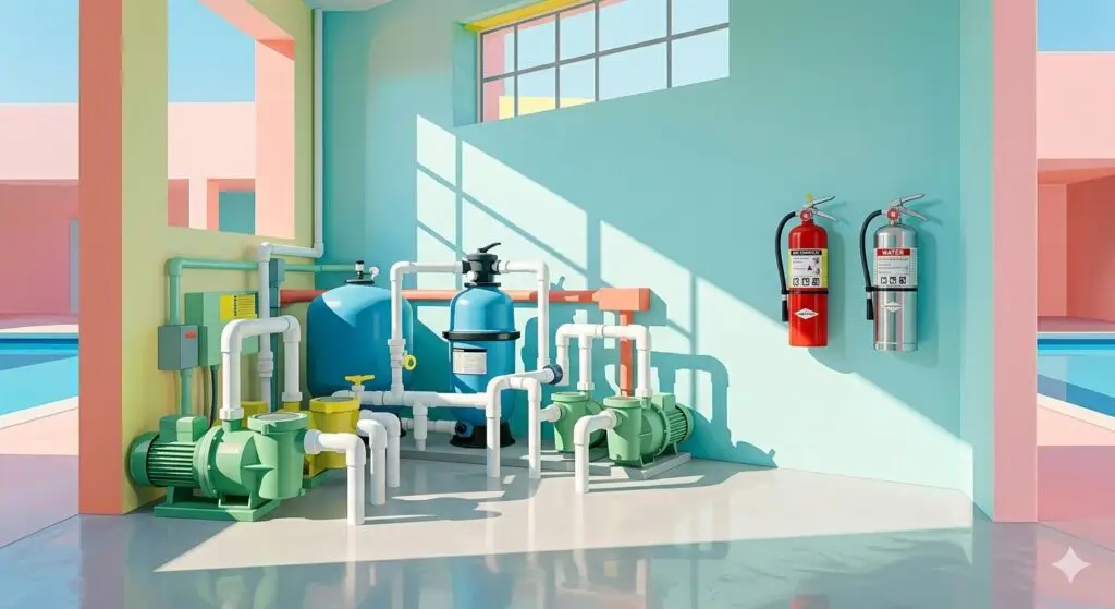 Code-compliant pool pump room with water and ABC fire extinguishers mounted side by side near the entry, meeting NFPA 10 requirements for combined chemical storage rooms