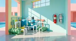 Code-compliant pool pump room with water and ABC fire extinguishers mounted side by side near the entry, meeting NFPA 10 requirements for combined chemical storage rooms