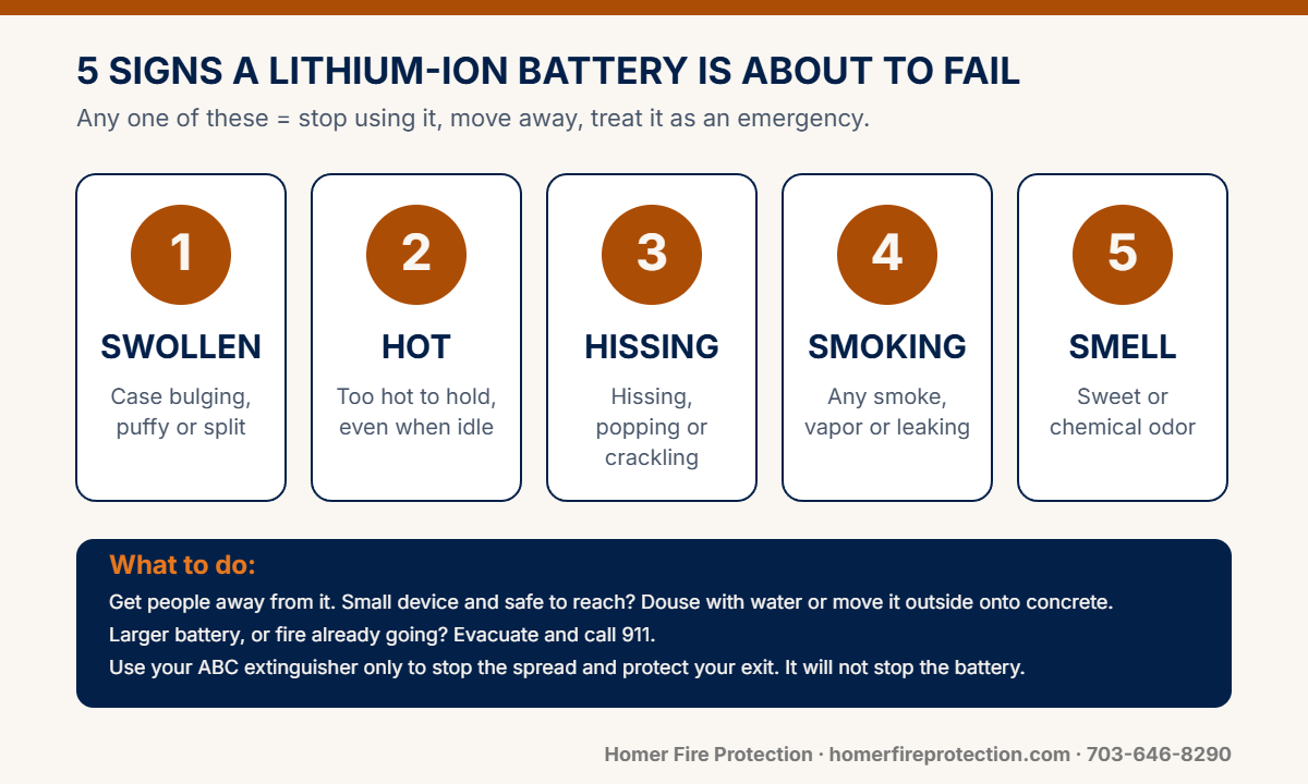 Lithium-Ion Battery Fire Safety for Businesses: A Fire Prevention Week 2026 Guide 1 Five warning signs a lithium-ion battery is about to fail: swollen, hot, hissing, smoking, smell